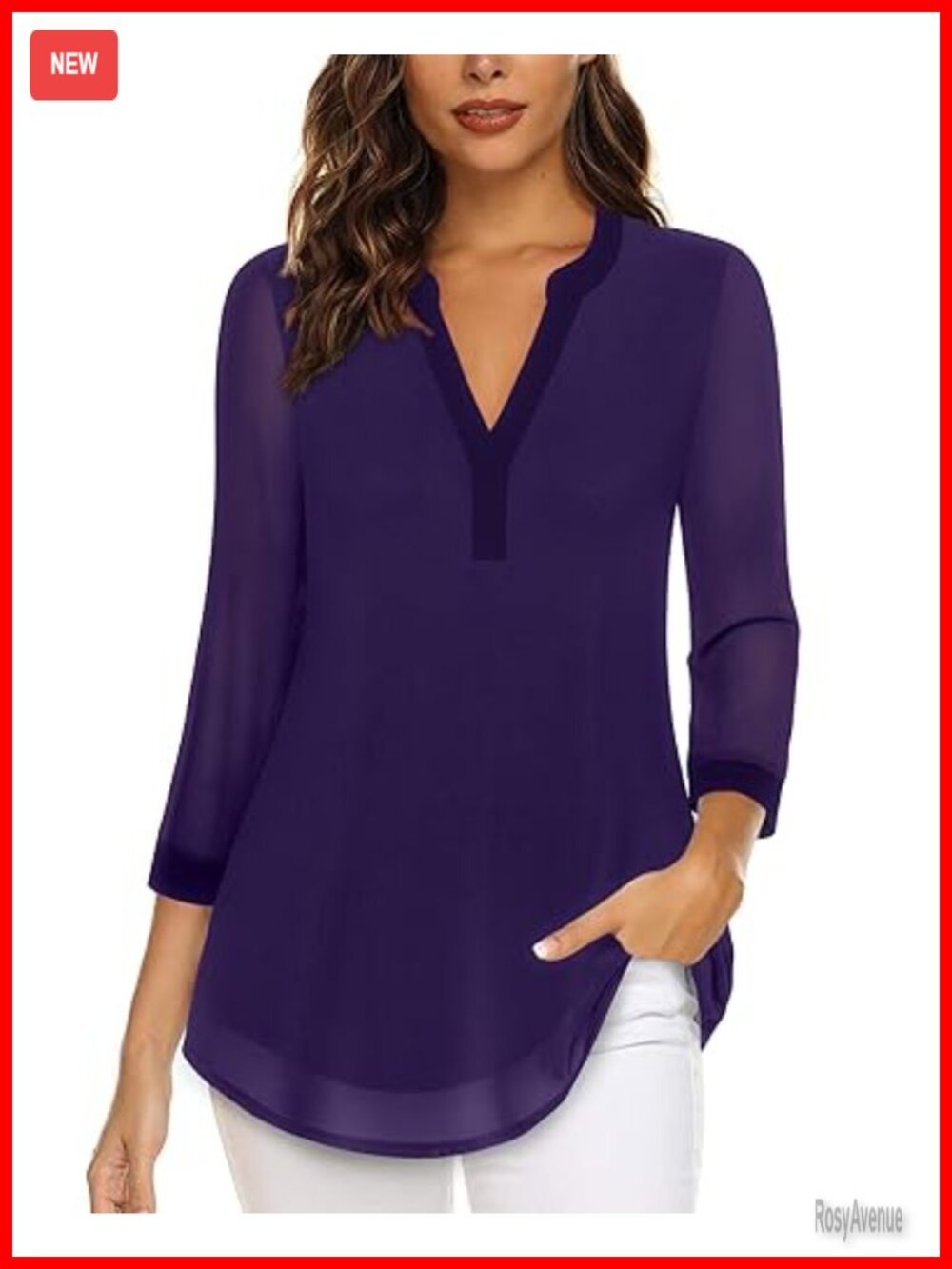 Women's 3/4 Sleeve V Neck Floral Tunic Top Double Layers Casual Blouse